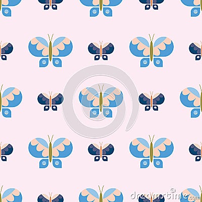 Geometric Retro Cream and Classic Blue Butterfly Seamless Vector Pattern Design. Nature Wildlife Vintage Swatch. Abstract Pink Stock Photo