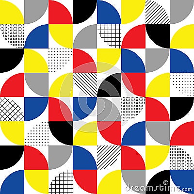 Geometric seamless pattern. Bauhaus abstract background. Check color texture. Funky figure geometry pattern circle and square. Pop Vector Illustration