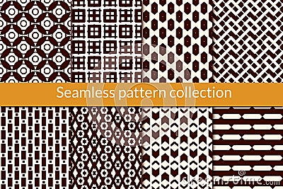 Geometric seamless pattern collection. Ethnic geo background set. Circle, square, arrow, chevron, zigzag, hexagon bundle Vector Illustration