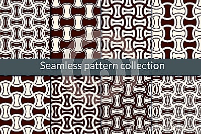 Geometric seamless pattern collection. Geo design background set. Apple core, bow tie, axehead motif surface print kit Vector Illustration