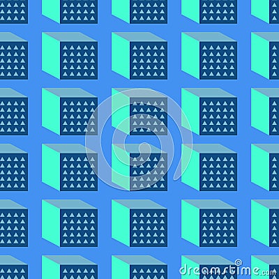 Geometric seamless pattern with cubes in classic blue and turquoise. Retro constructivism style abstract background Cartoon Illustration