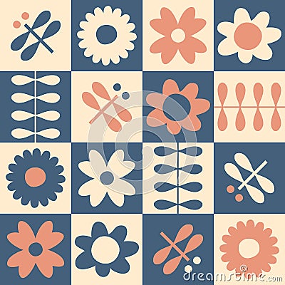 Geometric seamless pattern with daisies and dragonflies in 1980s style. Checkered vintage print for T-shirt, poster, textile Vector Illustration