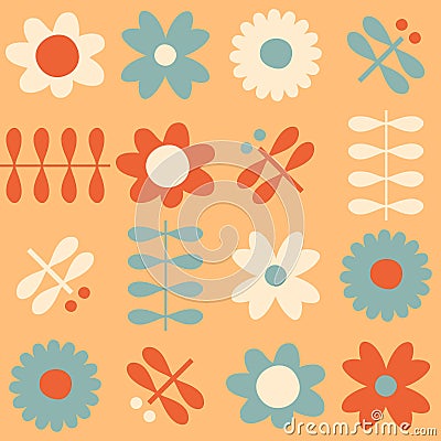 Geometric seamless pattern with daisies and dragonflies in scandinavian style. Vintage print for T-shirt, poster, textile Vector Illustration