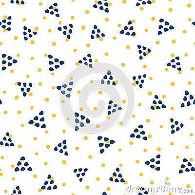 Geometric seamless pattern drawn by hand. Repeated triangles and round dots. Vector Illustration