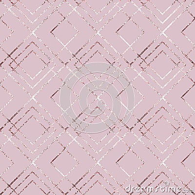 Geometric seamless pattern foil. Diamond rose gold. Beauty pink background. Roses golden trellis. Abstract angle brackets linear o Vector Illustration