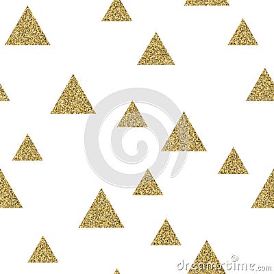 Geometric seamless pattern of gold glitter triangle confetti on white background. Vector Illustration