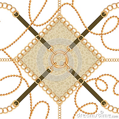 Geometric seamless pattern with golden chains, belts and animal skin. Vector Illustration