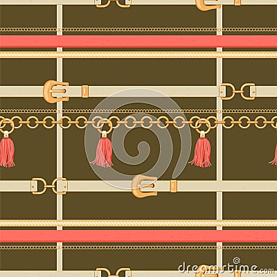 Geometric seamless pattern with golden chains, belts, rope and tassels. Vector Illustration