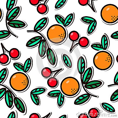 Geometric seamless pattern with the image of oranges, ripe cherries and green leaves. Seamless texture for the design of summer Vector Illustration