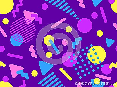 Geometric seamless pattern with memphis elements in 80s style. Colorful geometric pattern. Design of promotional products, Vector Illustration