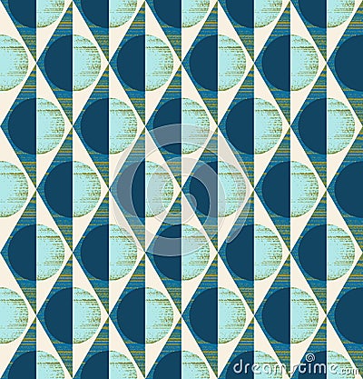 Geometric seamless pattern of rhombuses, triangles and circles in bluegreen, yellowgreen, cream and light blue Vector Illustration