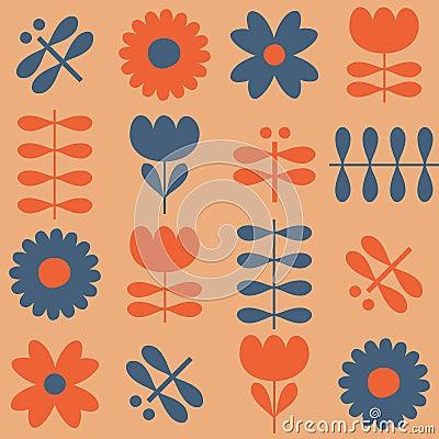 Geometric seamless pattern with tulip flowers and dragonflies. Retro print for pillow, blanket, textile and fabric. Floral vector Vector Illustration