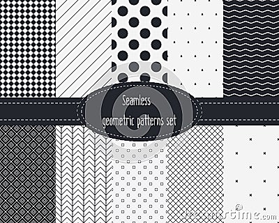 Geometric Seamless Patterns Set. Dark and light grey colors. Black and White. Vector Illustration