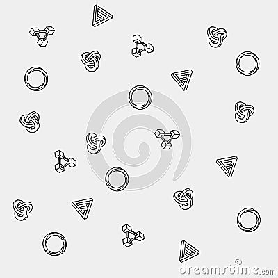 Geometric seamless simple monochrome minimalistic pattern of impossible shapes, rectangles, triangles, rounds Vector Illustration