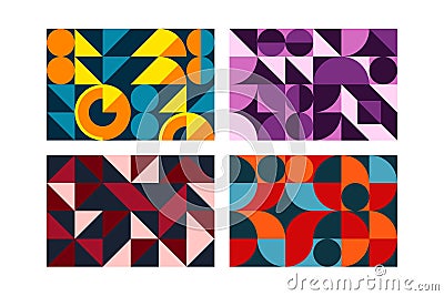Geometric shape background. Abstract modern pattern with color circles and triangles, bright mural texture, minimalist grid and Vector Illustration