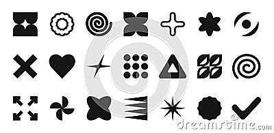 Geometric shapes and black brutalism forms. Modern trendy minimalist basic figures, stars, heart, spiral, circles Vector Illustration