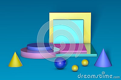 Geometric shapes on blue background for product presentation or mockup, minimalistic empty showcase, shop display. 3d Cartoon Illustration