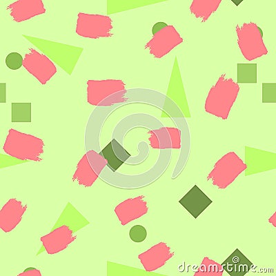 Geometric shapes and brush strokes. Colorful seamless pattern. Vector Illustration