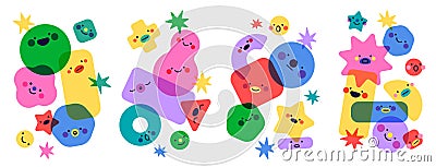 Geometric shapes faces. Funny abstract figures groups, cute childish emotions, simple color characters, modern style Vector Illustration