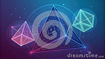Geometric shapes interwoven with binary code symbolizing the fusion of traditional encryption ods and quantum safety Stock Photo