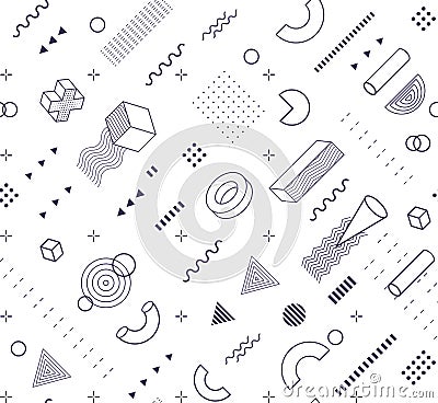 Geometric shapes memphis pattern. Black and white background vector illustration. Minimal geometry isolated seamless Vector Illustration