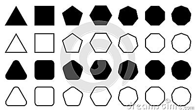 Geometric shapes set with rounded corners, triangle square pentagon hexagon heptagon octagon, sharp and slightly rounded version Vector Illustration