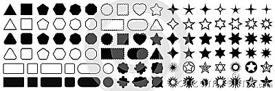 Geometric shapes set with rounded corners, triangle square pentagon hexagon heptagon octagon, sharp and slightly rounded version, Vector Illustration