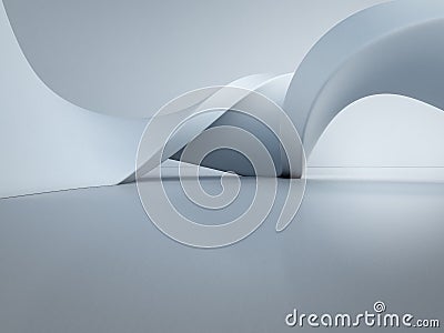 Geometric shapes structure on empty concrete floor with white wall background in hall or modern showroom Cartoon Illustration