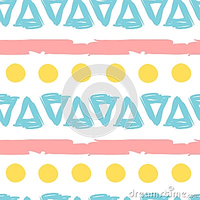 Geometric simple sketh drawn hand seamless pattern with bright yellow dots, blue triangles and pink strips. For Vector Illustration