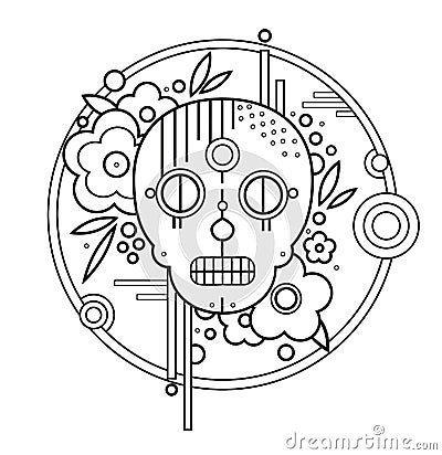 Geometric skull with flowers in circle Black contour Vector Illustration