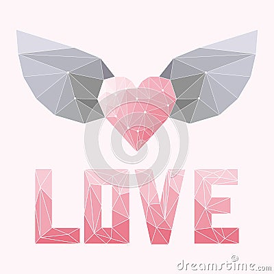 Geometric soft colored abstract polygonal heart with wings and love word isolated on pink cover for valentine day or wedding Vector Illustration