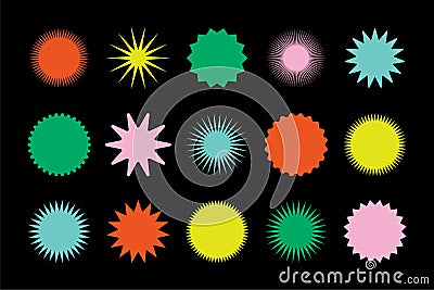 Geometric star burst shape stickers. Colored stamps, stars, round emblems. Bright symbols, set of badges in vector Vector Illustration