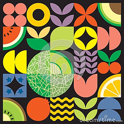 Colorful geometric fruit illustration artwork poster. Scandinavian style flat abstract vector pattern design. Green melon. Vector Illustration
