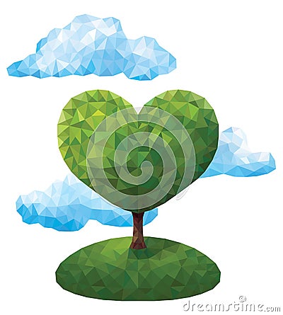 Geometric tree in the shape of a heart in the style of a triangular low poly Vector Illustration