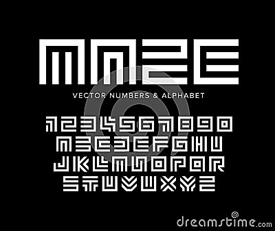 Geometric vector letters and numbers set. Maze alphabet. White logo template on black background. Typography design. Vector Illustration
