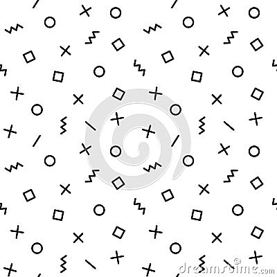 Geometric vector pattern with elements in black and white. Rectangle, zigzag, line, circle in Memphis style, hipster Vector Illustration