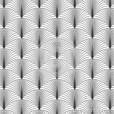 Geometric vector pattern repeating linear half circle of paper fan in monochrome Japanese styles background. Vector Illustration