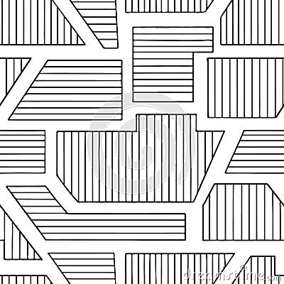 Geometric vector seamless pattern with different geometrical forms. Striped square, triangle, rectangle. Modern techno minimal des Vector Illustration