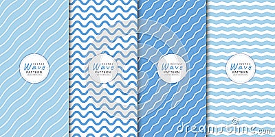 Wavy lines pattern. Brochure cover with ocean summer stripe. Baby shower blue background vectors set Vector Illustration