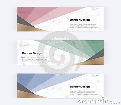 Geometric web banners with red, green, blue and golden triangles on the marble texture. Modern templates for invitation, logo, car Vector Illustration