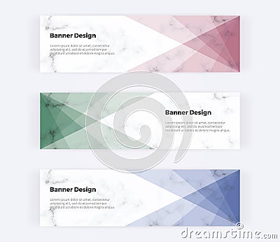 Geometric web banners with red, green, blue triangles on the marble texture. Modern templates for invitation, logo, card, flyer, p Vector Illustration