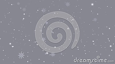 Geometric white snowflake and tiny snow different sizes that fast twirl and fall down on gray background. Merry Christmas winter Stock Photo