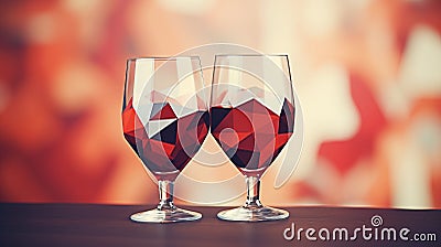 Geometric Wine Glasses Abstract, Valentines Day Red Background Bokeh, Copy Space Stock Photo