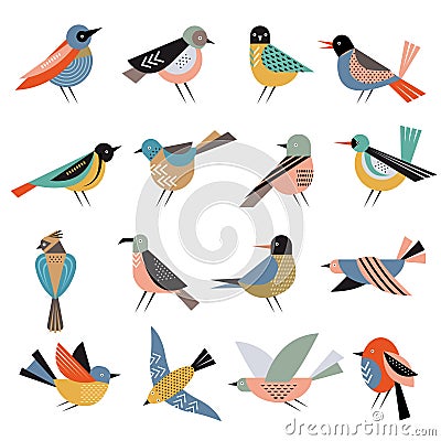 Geometrical birds. Abstract stylized shapes of freedom flying bird in various action poses recent vector illustrations Cartoon Illustration