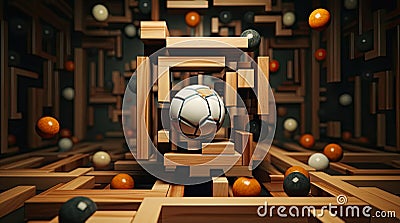 Geometrical 3D background. Multicolored bright wooden blocks and balls. The feeling of weightlessness. Generative AI Cartoon Illustration