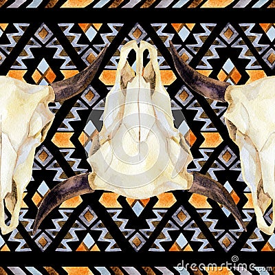 Geometrical ethnic seamless pattern with cow skull Cartoon Illustration