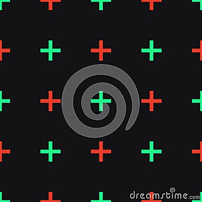 Geometrical plus sign. Light green and red pluses on black. Vector pattern. Vector Illustration