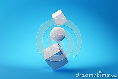 Geometrical primitives cube and sphere balancing over blue background, modern simple and minimal balance or equilibrium concept Cartoon Illustration