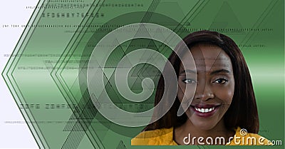 Geometrical shapes and data processing against businesswoman against green technology background Stock Photo