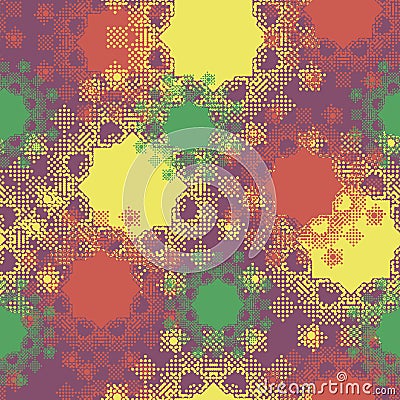 Geometrical shapes from small circles in checkerboard pattern bright colorful multicolored seamless pattern. Vector Illustration